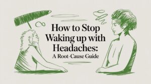 Illustration of a man and woman in green sketch lines next to the headline 'How to Stop Waking up with Headaches: A Root-Cause Guide'.