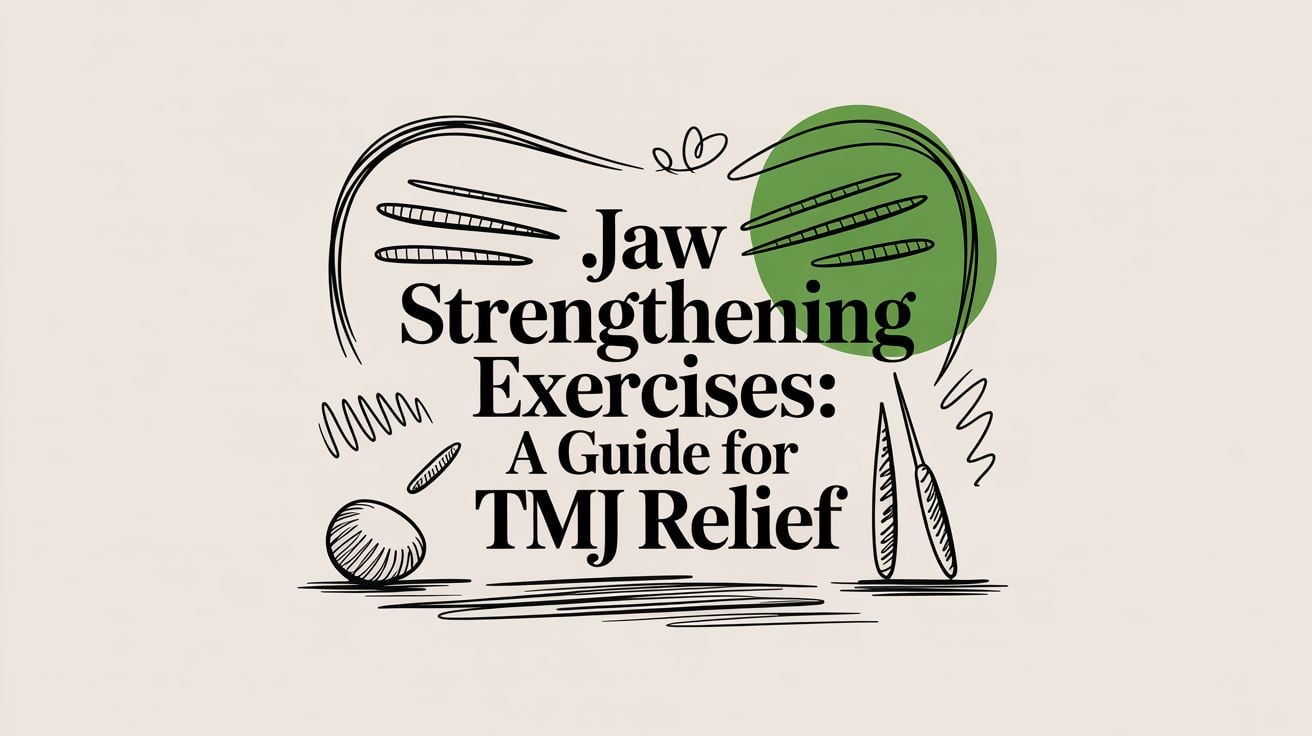 Illustrated title card: 'Jaw Strengthening Exercises: A Guide for TMJ Relief' with black doodle lines and a green oval on a beige background, decorative art.