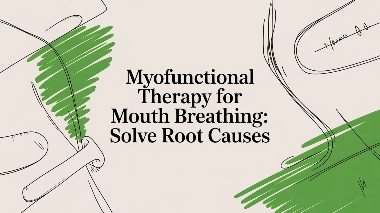 Poster-style banner with bold title: 'Myofunctional Therapy for Mouth Breathing: Solve Root Causes' and abstract green line art on beige background.