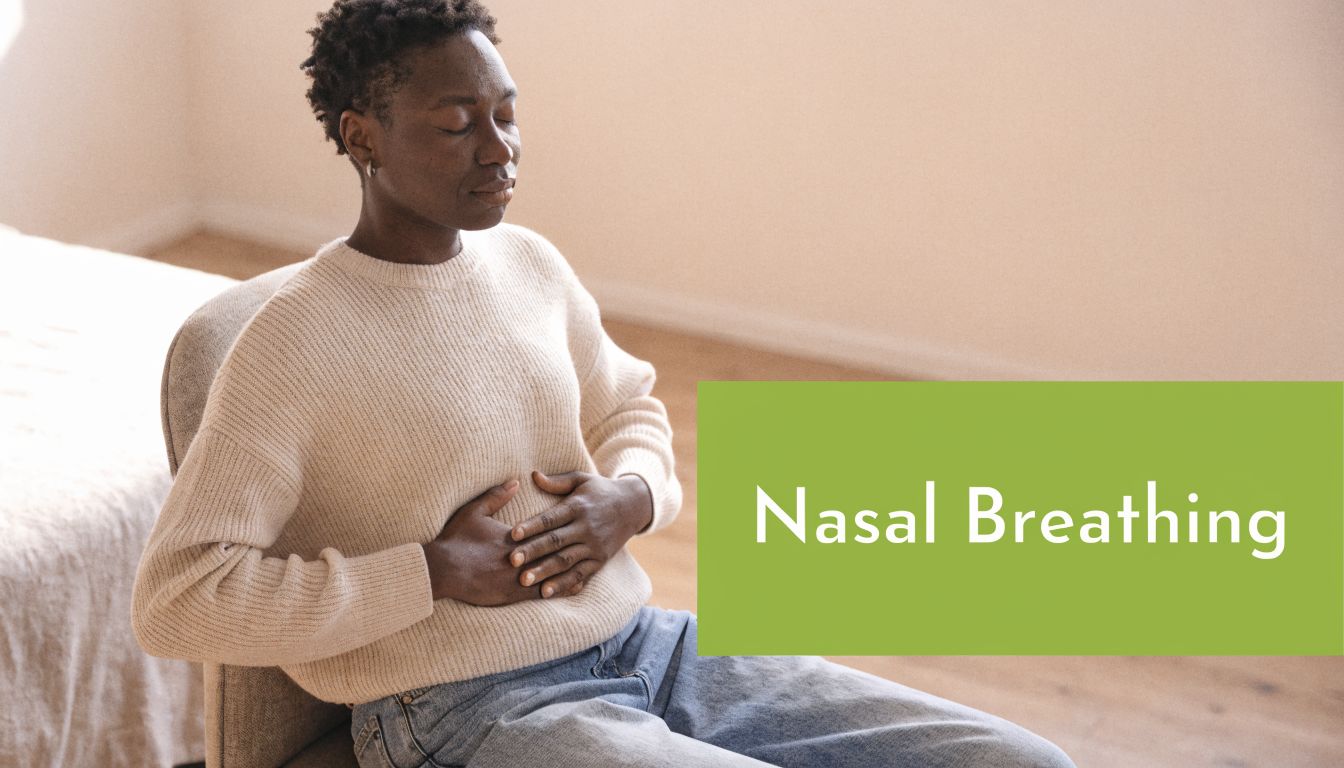 A person sitting on a chair with eyes closed, practicing nasal breathing for wellness and relaxation.