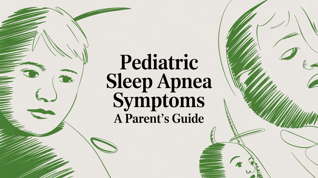 Cover image for a parent’s guide on pediatric sleep apnea symptoms, featuring green sketch portraits of children on the sides.”] ,