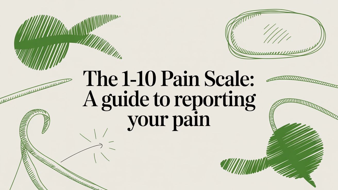 Title card: The 1-10 Pain Scale: A guide to reporting your pain, with green abstract doodles on a beige background.