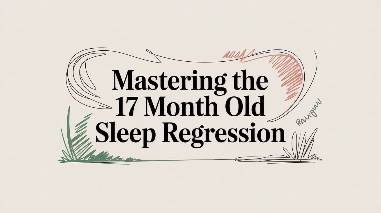 Graphic title: 'Mastering the 17 Month Old Sleep Regression' with abstract doodles around and plant motifs.