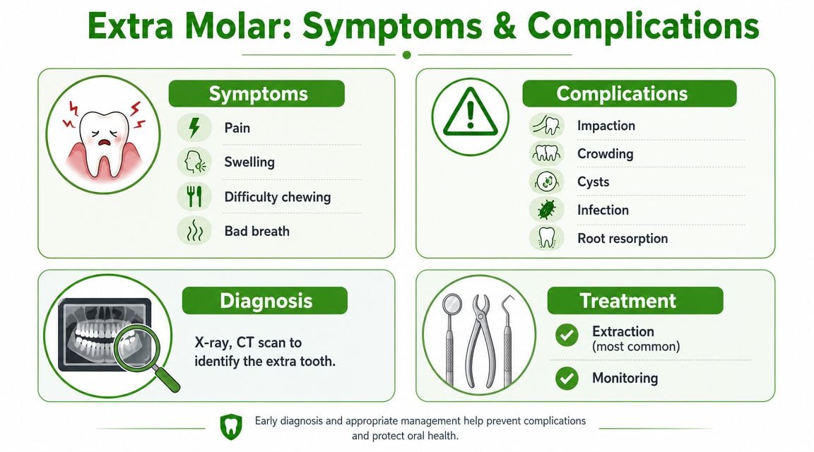 An infographic detailing the symptoms, complications, diagnosis, and treatment options for an extra molar or wisdom tooth.