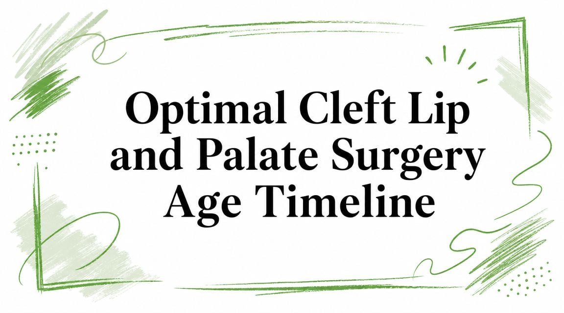 Graphic title: 'Optimal Cleft Lip and Palate Surgery Age Timeline' with green decorative brush strokes around the edges.