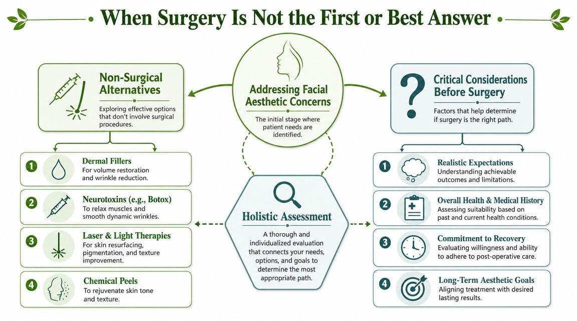 An infographic titled When Surgery Is Not the First or Best Answer detailing aesthetic treatment considerations.