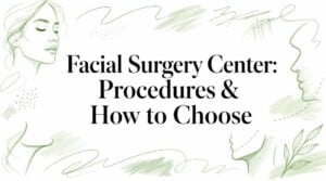 Banner with the title 'Facial Surgery Center: Procedures & How to Choose' in large serif font, surrounded by green sketch outlines of faces and abstract brushstrokes.