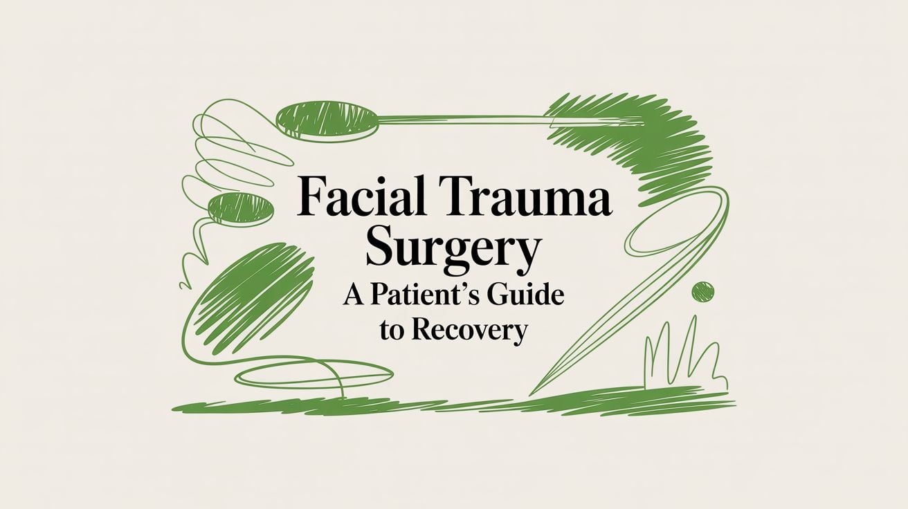 Cover graphic with the title 'Facial Trauma Surgery: A Patient's Guide to Recovery' surrounded by green abstract doodles.