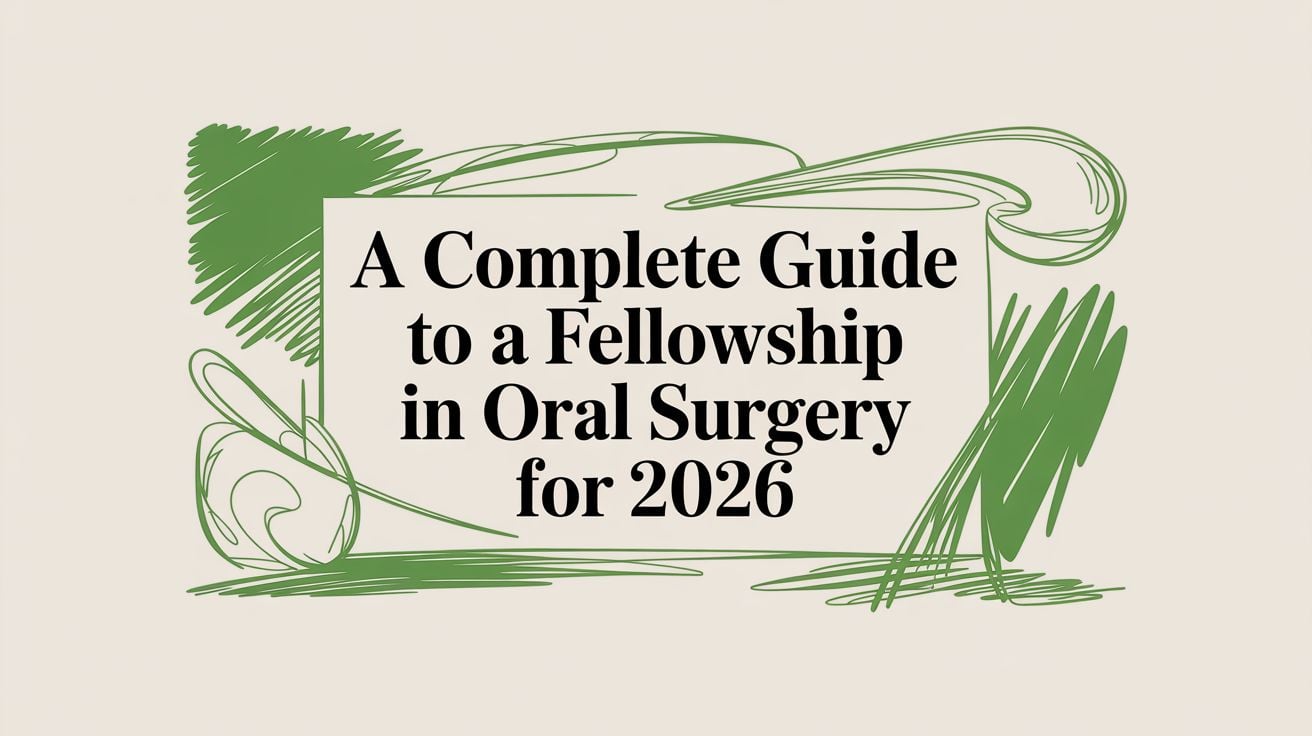 Cover image: 'A Complete Guide to a Fellowship in Oral Surgery for 2026' with green abstract doodles around the border