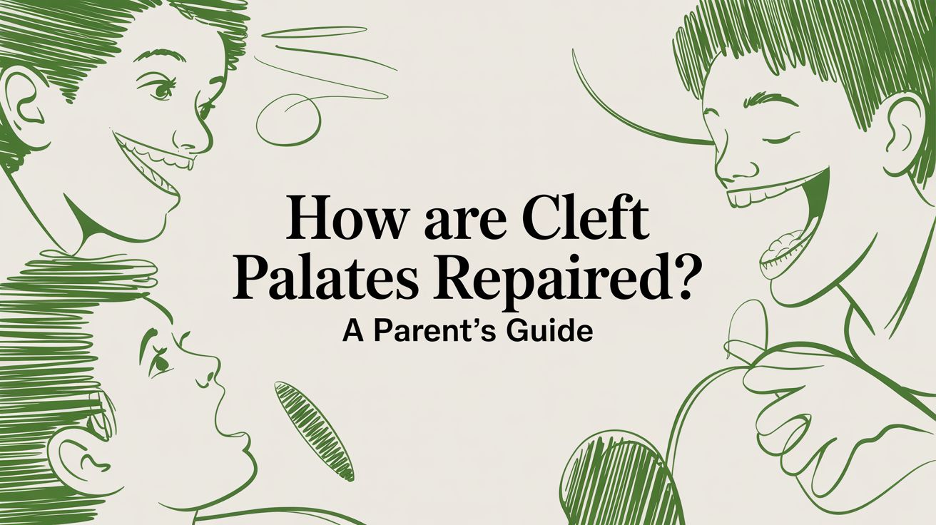 Green line-drawn outlines of a family around the title text: 'How are Cleft Palates Repaired? A Parent's Guide'—a family-oriented informational cover.