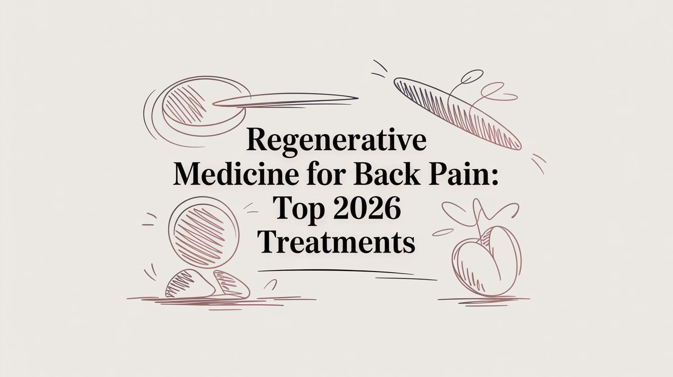 Title card: 'Regenerative Medicine for Back Pain: Top 2026 Treatments' with abstract, sketchy drawings around the text