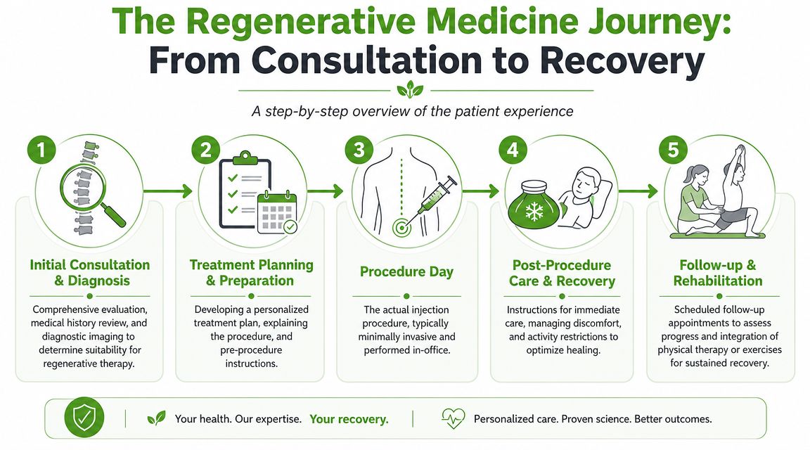 A five-step infographic showing the regenerative medicine patient journey from initial consultation to follow-up and rehabilitation.