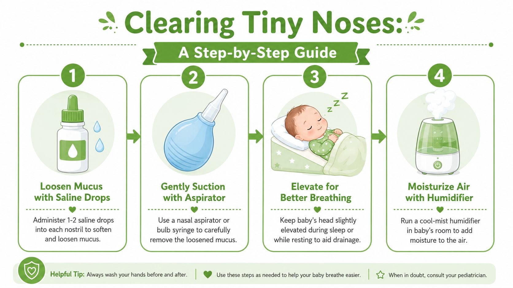 A four-step instructional guide on how to clear a baby's congested nose safely and effectively.