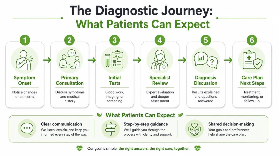 A six-step infographic illustrating the diagnostic journey for patients, from symptom onset to the final care plan.