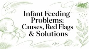 Cover with the title 'Infant Feeding Problems: Causes, Red Flags & Solutions' and a green sketch of a baby drinking from a bottle surrounded by doodles.