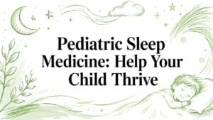 pediatric-sleep-medicine-sleeping-child - Pain and Sleep Center | Charlotte, NC Banner with the title 'Pediatric Sleep Medicine: Help Your Child Thrive' and green doodle illustrations (moon, stars, leaves) surrounding a sleeping child motif.
