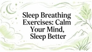 Banner promoting sleep breathing exercises to calm the mind and improve sleep, with green botanical doodles in the corners.