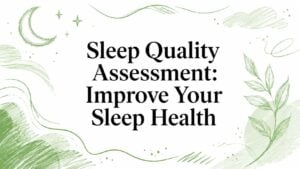Banner headline: 'Sleep Quality Assessment: Improve Your Sleep Health' with green botanical doodles around the edges, decorative framing for a health article.