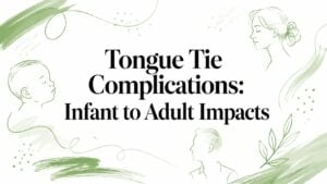 Title card: Tongue Tie Complications: Infant to Adult Impacts, surrounded by green line drawings of faces and leaves.