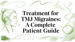 treatment-for-tmj-migraines-patient-guide - Pain and Sleep Center | Charlotte, NC Title card for a patient guide: 'Treatment for TMJ Migraines: A Complete Patient Guide' with a green sketch of a woman touching her jaw.