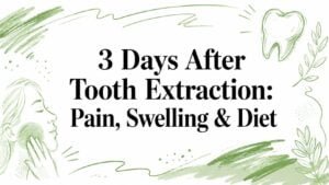 3-days-after-tooth-extraction-recovery-illustration - Pain and Sleep Center | Charlotte, NC Banner header: '3 Days After Tooth Extraction: Pain, Swelling & Diet' with green botanical sketches and a person touching their cheek, conveying post-extraction care.