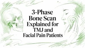 3-phase-bone-scan-tmj-pain - Pain and Sleep Center | Charlotte, NC Green sketch of a skull on the left and a person pressing a device to their jaw on the right, with the title: 3-Phase Bone Scan Explained for TMJ and Facial Pain Patients (informational banner).