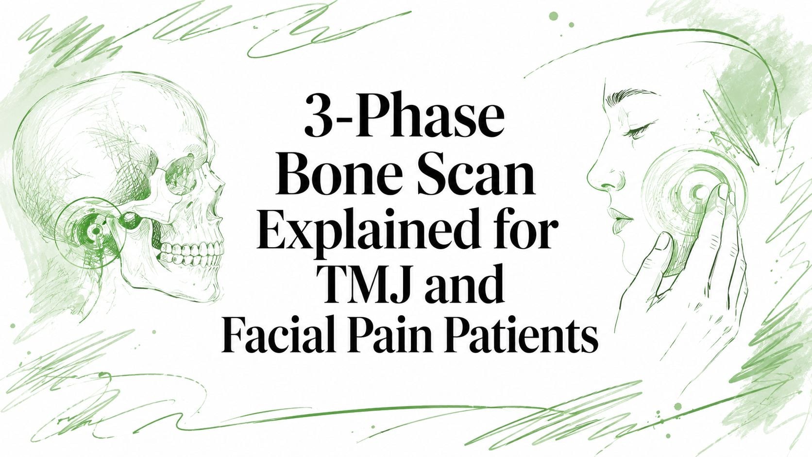 Green sketch of a skull on the left and a person pressing a device to their jaw on the right, with the title: 3-Phase Bone Scan Explained for TMJ and Facial Pain Patients (informational banner).