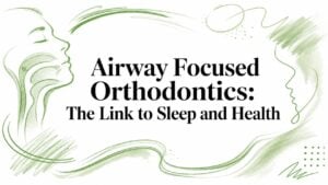 Presentation slide titled 'Airway Focused Orthodontics: The Link to Sleep and Health' with green abstract line art of faces surrounding the text.
