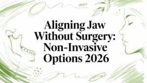 aligning-jaw-without-surgery-jaw-alignment - Pain and Sleep Center | Charlotte, NC Banner: article headline 'Aligning Jaw Without Surgery: Non-Invasive Options 2026' framed by green sketch of jaw and portrait outlines.