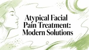 Informational banner: title 'Atypical Facial Pain Treatment: Modern Solutions' with abstract green brush strokes and a side-profile illustration on white background.