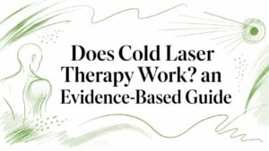 does-cold-laser-therapy-work-medical-illustration - Pain and Sleep Center | Charlotte, NC Green abstract brush strokes frame a human silhouette on the left with the headline 'Does Cold Laser Therapy Work? an Evidence-Based Guide'. This is a banner-style informative image for an article topic about cold laser therapy, using green artwork and a figure.