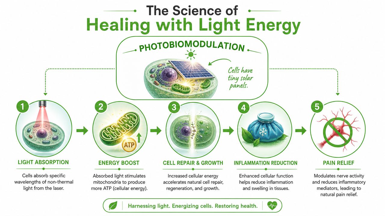 An infographic showing the five steps of photobiomodulation, explaining how laser light energy heals human cells.