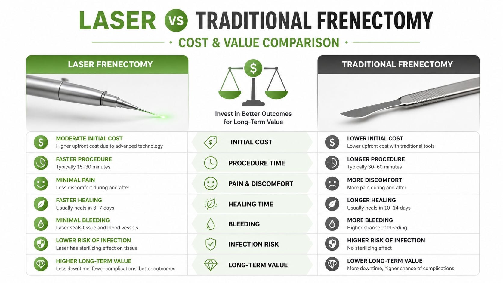 A comparison chart showing the cost and value benefits of laser frenectomy versus traditional surgical frenectomy procedures.