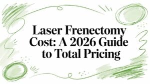 Title card: 'Laser Frenectomy Cost: A 2026 Guide to Total Pricing' with green decorative doodles around the text