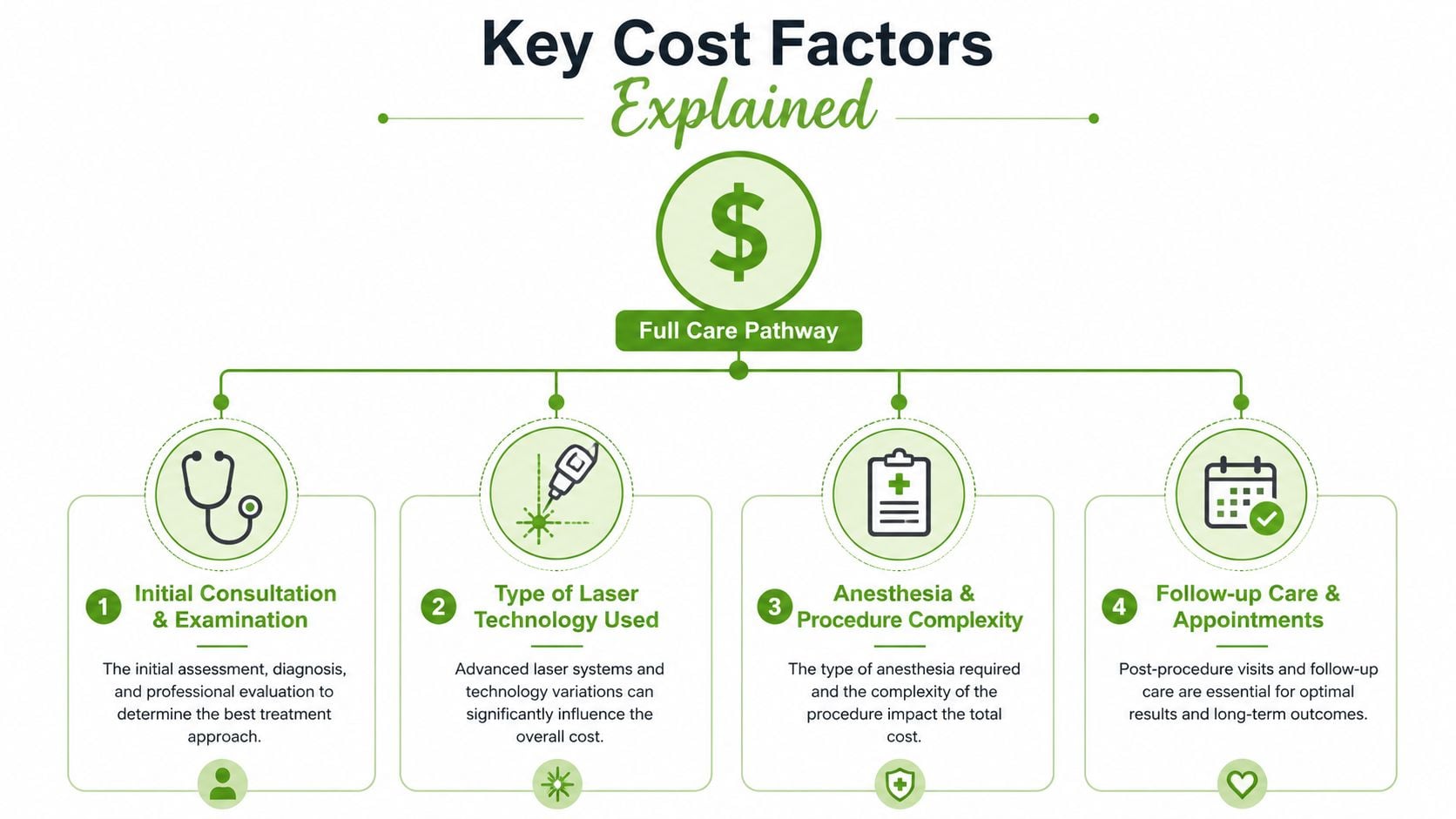 An infographic detailing the four key factors that influence the total cost of a laser frenectomy procedure.