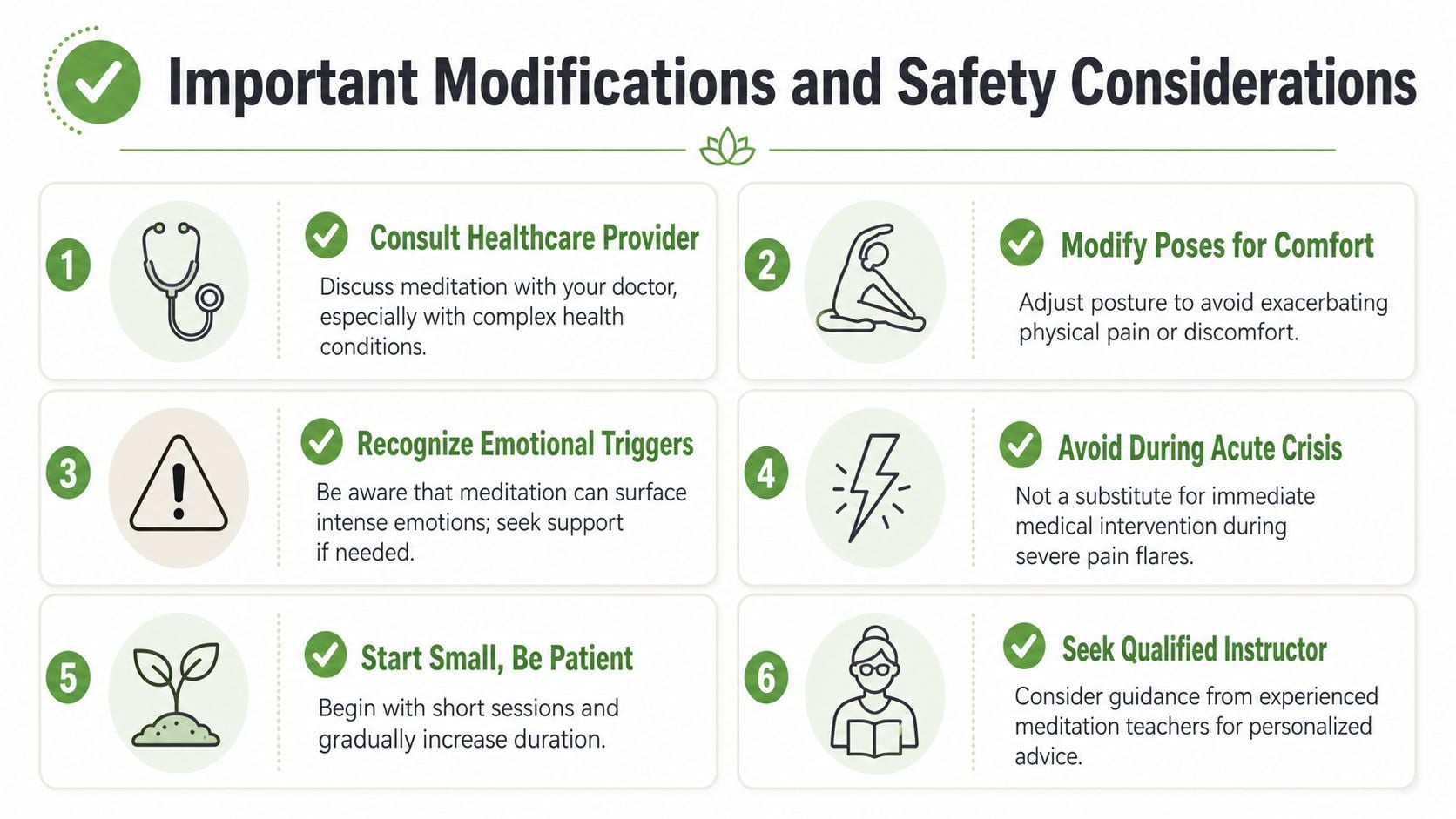 A guide listing six important safety considerations and modifications for practicing meditation while managing chronic pain conditions.