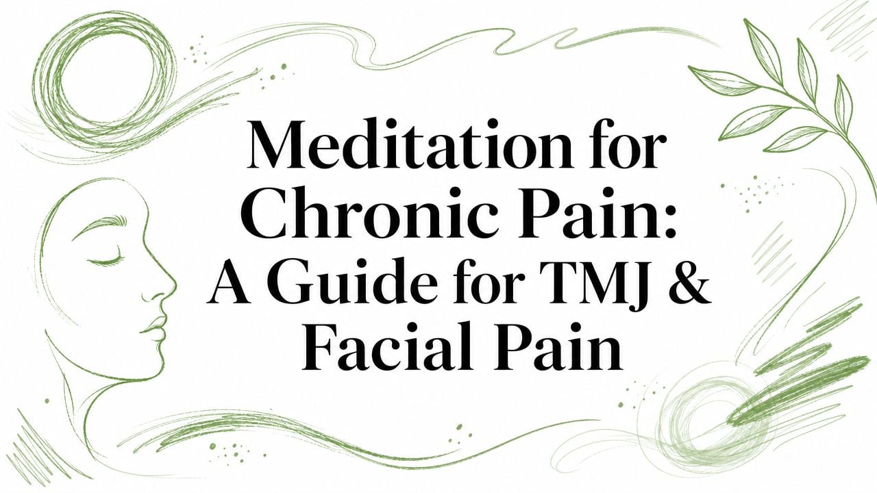 Title card: 'Meditation for Chronic Pain: A Guide for TMJ & Facial Pain' with green abstract swirls and a side profile of a woman's face.
