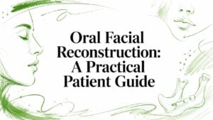 Cover for a patient guide: Oral Facial Reconstruction—A Practical Patient Guide, with green line-art faces and a jawbone surrounding the title.