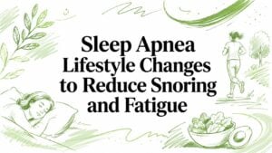 sleep-apnea-lifestyle-changes-healthy-habits - Pain and Sleep Center | Charlotte, NC Banner with bold text: Sleep Apnea Lifestyle Changes to Reduce Snoring and Fatigue, surrounded by green nature sketches (sleeping person, runner, leaves)