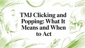 Banner title: 'TMJ Clicking and Popping: What It Means and When to Act' with green sketches of a profile on the left and a skull on the right (informational banner).