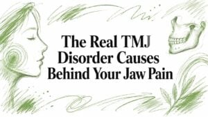 tmj-disorder-causes-jaw-pain - Pain and Sleep Center | Charlotte, NC Green sketch banner with a woman's profile on the left and a skeleton on the right, framing the title 'The Real TMJ Disorder Causes Behind Your Jaw Pain'.