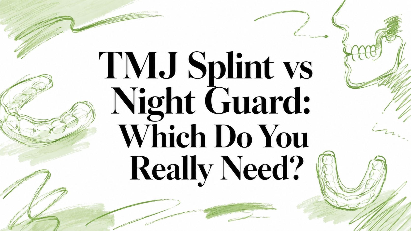 Cover image with the headline: 'TMJ Splint vs Night Guard: Which Do You Really Need?' surrounded by green dental sketch drawings.