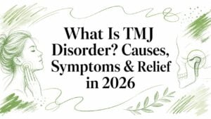 Banner: 'What Is TMJ Disorder? Causes, Symptoms & Relief in 2026' with a person touching their jaw and a skull illustration on a green decorative background