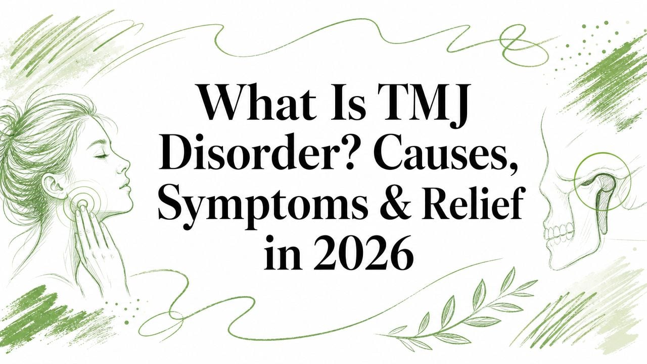 Banner: 'What Is TMJ Disorder? Causes, Symptoms & Relief in 2026' with a person touching their jaw and a skull illustration on a green decorative background