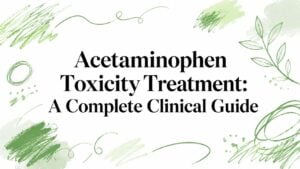 acetaminophen-toxicity-treatment-clinical-guide - Pain and Sleep Center | Charlotte, NC Title banner: "Acetaminophen Toxicity Treatment: A Complete Clinical Guide" with green brushstroke decorations around the edges