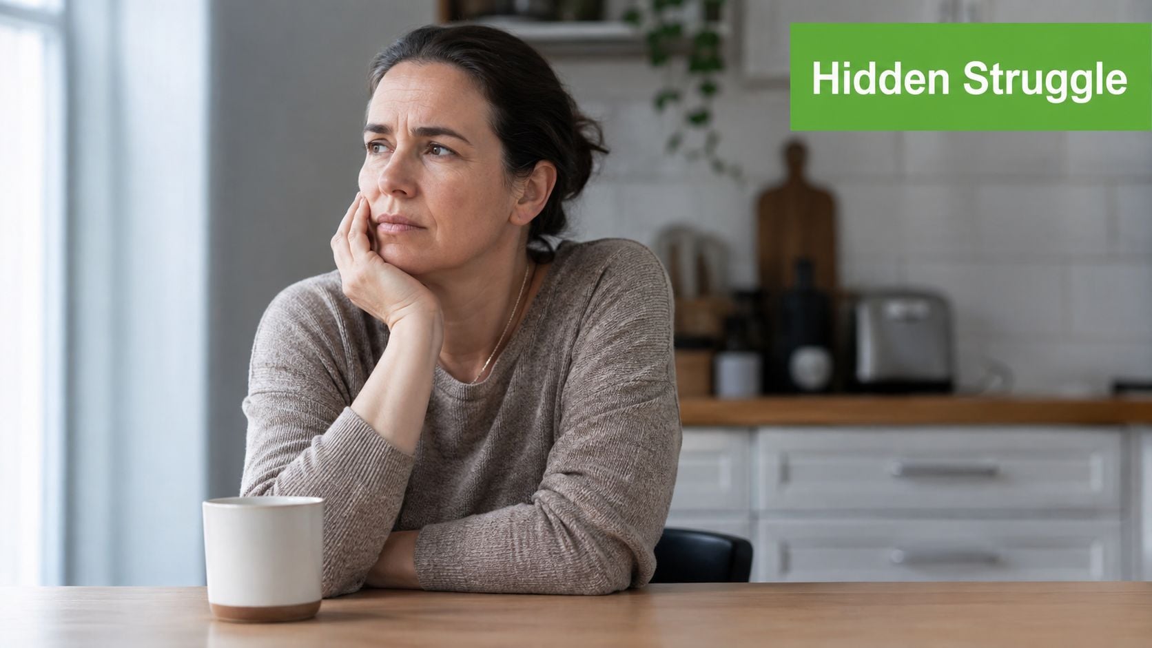 A contemplative woman sitting at a table with a coffee cup, looking thoughtful in her kitchen.