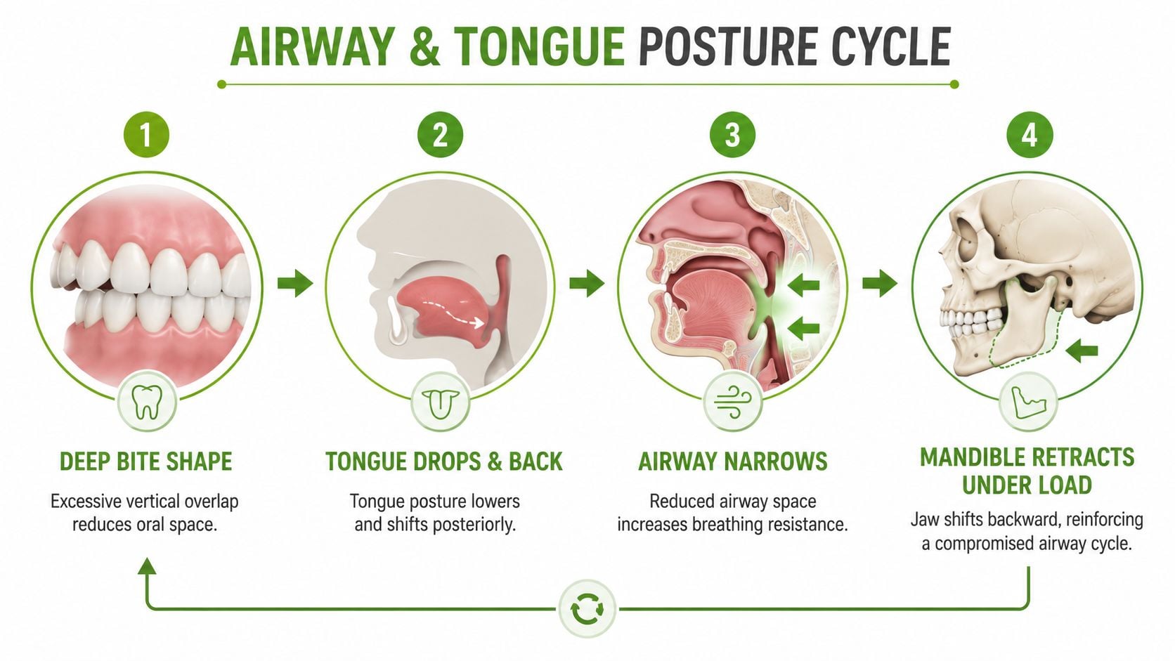 A diagram illustrating the cycle of how a deep bite dental shape negatively affects airway and jaw posture.