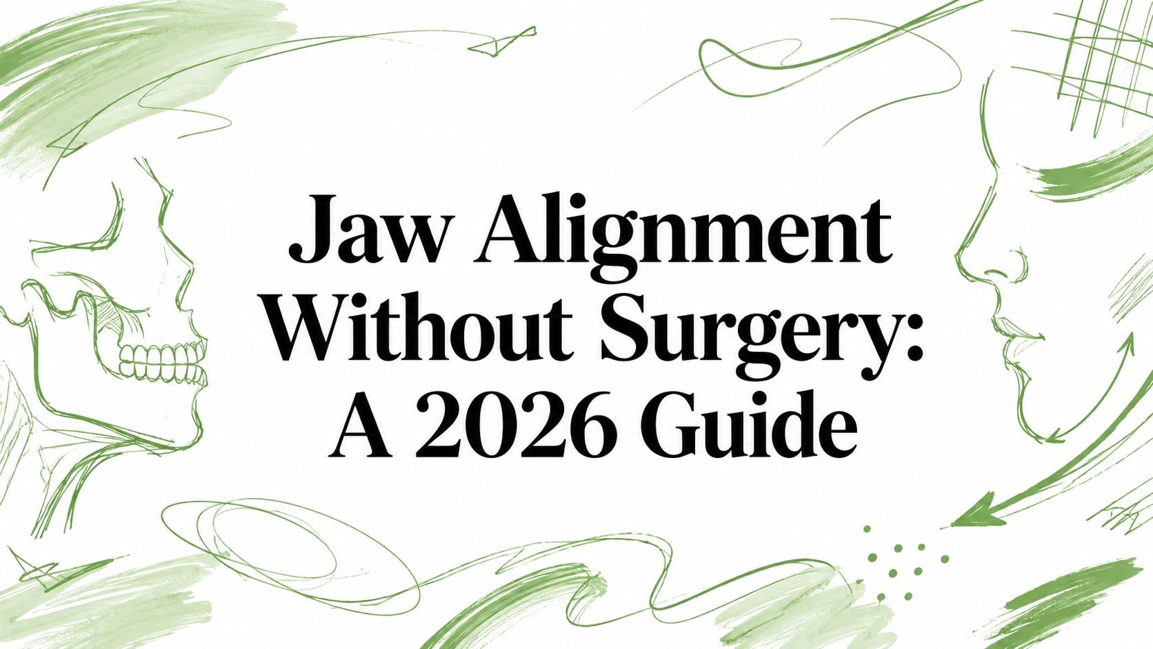 Cover image with green line art of a skull left and a profile right, title reads 'Jaw Alignment Without Surgery: A 2026 Guide'