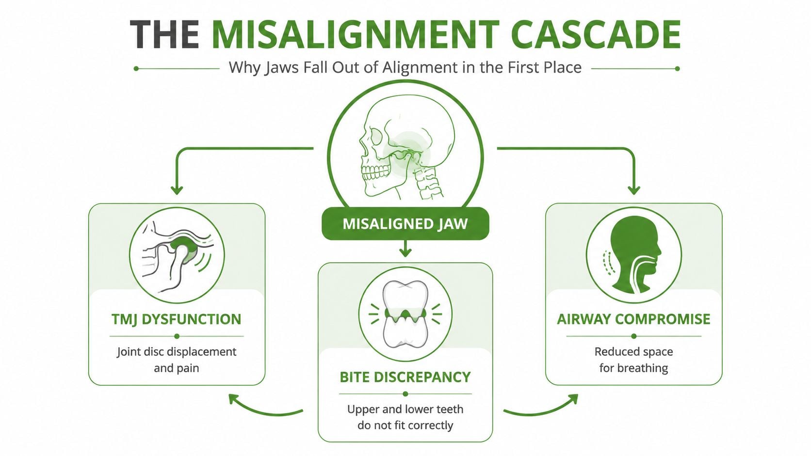 A diagram illustrating the Misalignment Cascade, showing how a misaligned jaw causes TMJ dysfunction, bite discrepancy, and airway compromise.
