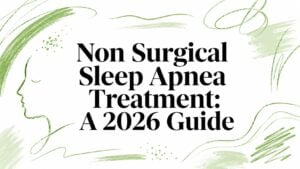 non-surgical-sleep-apnea-treatment-sleep-guide - Pain and Sleep Center | Charlotte, NC Hero banner with green abstract brush strokes and a profile silhouette, title reads 'Non Surgical Sleep Apnea Treatment: A 2026 Guide'